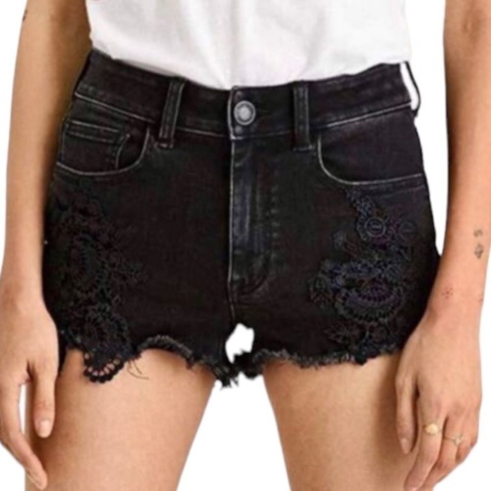 American Eagle Hi Rise Shortie Embroidered Jean Shorts 12 Black Denim